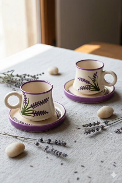 Gezdikçe Bilelim مجموعة من 2 فناجين قهوة من السيراميك مصنوعة يدويًا بنمط اللافندر، فنجان قهوة