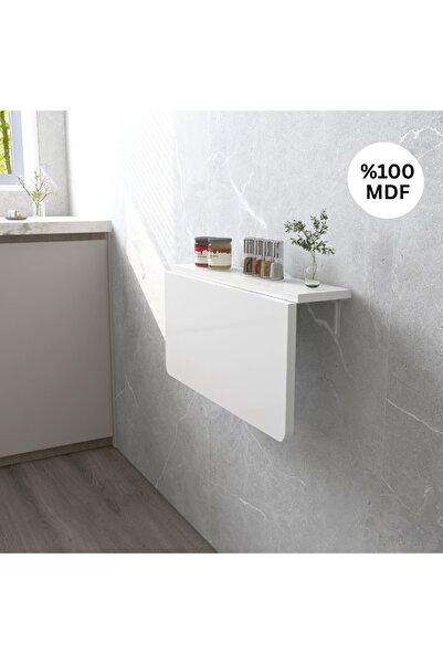 Kydonia Home 45x72 Cm Oval Köşeli Parlak Beyaz Mdf Lam Duvara Monte Kırma Katlanır Masa
