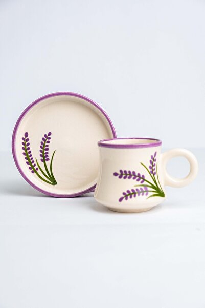 Gezdikçe Bilelim مجموعة من 2 فناجين قهوة من السيراميك مصنوعة يدويًا بنمط اللافندر، فنجان قهوة