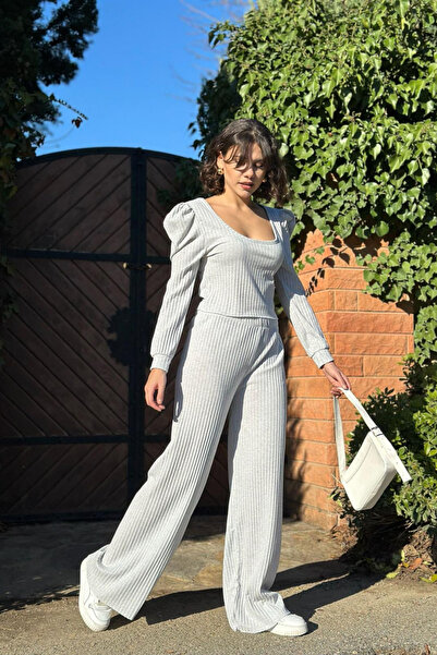 Siner Fashion Women's Gray Square Neck Loose Wide Leg Pants Top and Bottom Casual Set