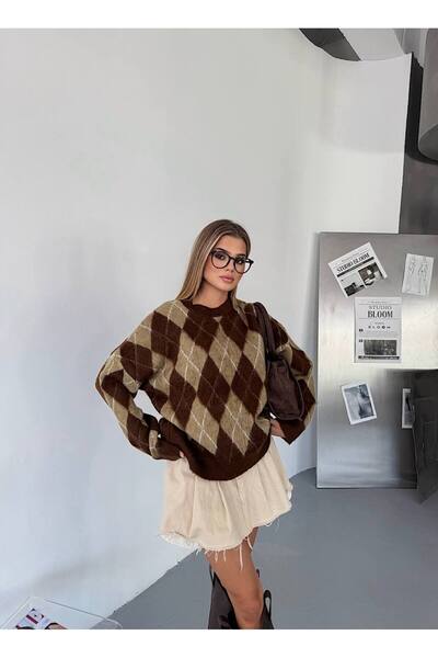 İLKCET MODA Oversize dámský svetr se vzorem Baklava