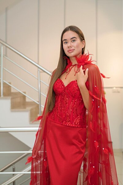 BEST FASHİON Q KIRMIZI BONCUK İŞLEMELİ ÜST STRAPLEZ BALIK ETEK