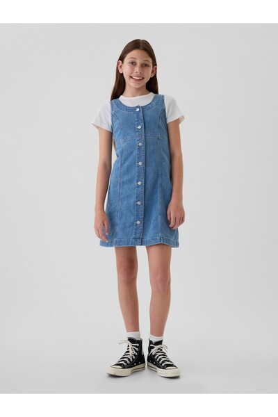 GAP Kız Çocuk Mavi Archive Button Denim Mini Elbise
