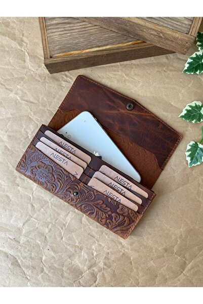 ALESTA LEATHER (Name Written) Handmade Genuine Leather Women's Portfolio Wallet with Phone Compartment