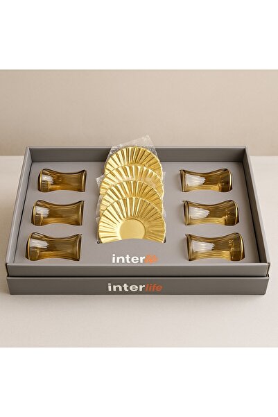 CHANCE GİFT 12 Parça Lüx Metal Altlıklı Çay Bardağı Takımı Kutulu Çeyizlik Hediyelik Gold Renk Çay Bardağı
