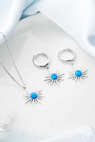 Silvano Jewelry 925 Ayar Gümüş Opal Taşlı Kutup Yıldızı (Kolye-Küpe) Seti
