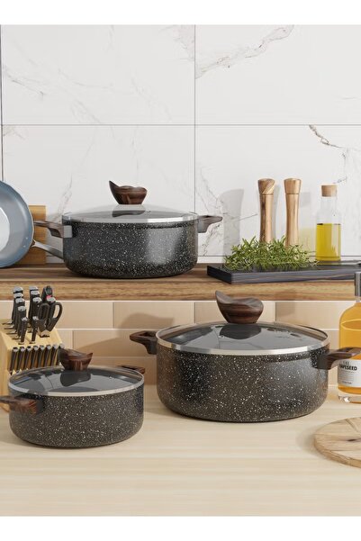 BAROLY Luxury Granite Cookware Set, 6 Pieces, Non-Stick, Black, Sizes 18-20-22 cm