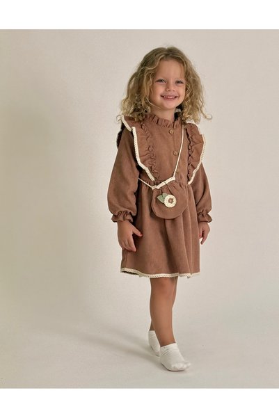 Nehirim Kids Girl's Long-Sleeved Seasonal and Winter Holiday Dress with Bag and Lace (2-3-4-5 Years Old)