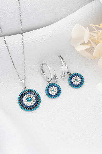 MUİ JEWELRY 925 Ayar Gümüş Göz Nazar Kolye Küpe Seti