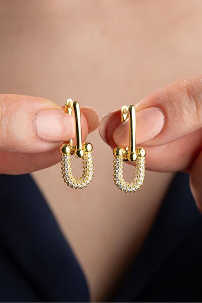 Silvano Jewelry 925 Ayar Gümüş Gold Zirkon Taşlı Trend Küpe