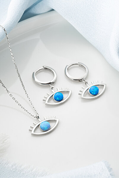 Silvano Jewelry 925 Ayar Gümüş Göz Opal Taşlı (Kolye-Küpe) Seti