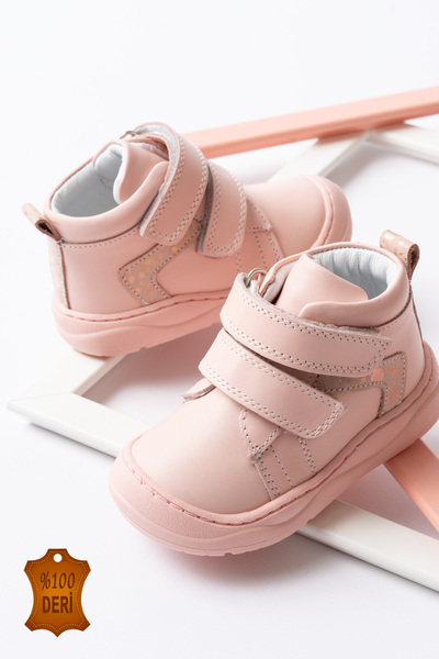 lina step Pembe Hakiki Deri Ortopedik Tabana Dikişli Cırtlı Kız Bebek İlk Adım Bot Ayakkabı