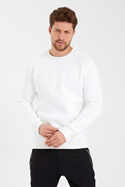 CLIPMAN Erkek Slim Fit Bisiklet Yaka Sade Baskısız 3 Iplik Sweatshirt Beyaz