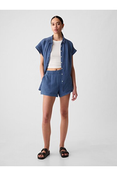 GAP Kadın Mavi Crinkle Gauze Denim Easy Şort