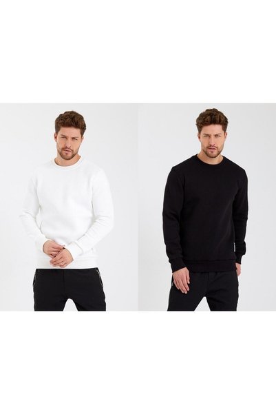 CLIPMAN Hanorac pentru bărbați, slim fit, cu gât turnut, pachet de 2, uni, neimprimate, cu 3 fire, alb, negru