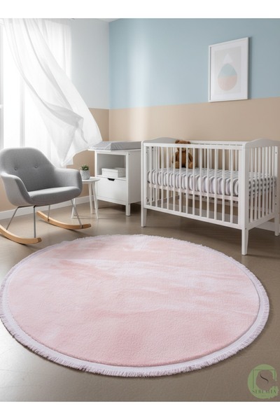 SerenitaHome Post/peluş Pembe Yuvarlak Saçaklı Halı Yıkanabilir Kaymaz Taban ...