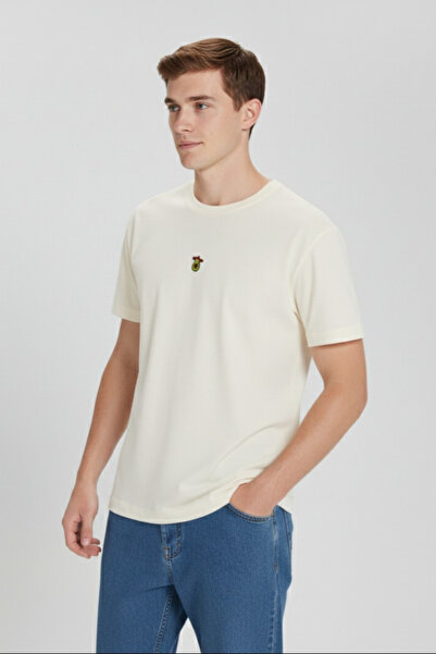 Elemge 100% βαμβάκι, συμπαγές χτενισμένο βαμβακερό μπλουζάκι, εκρού, με κέντημα αβοκάντο, Trend Fit, ανδρικό μπλουζάκι από ύφασμα, άνετο κόψιμο