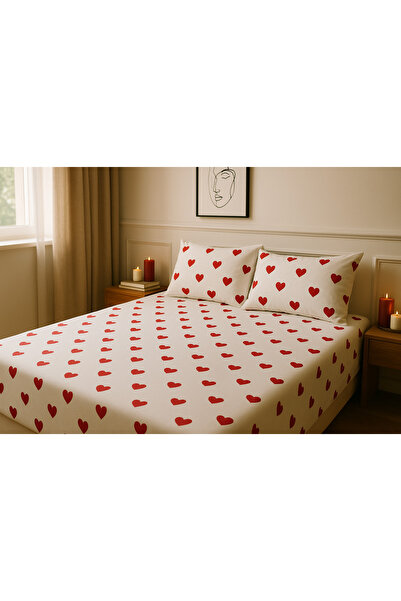 Shopyteks Heart Patterned Fitted Sheet Set – King Size 180X200 cm | Cotton Fabric | Soft and Durable