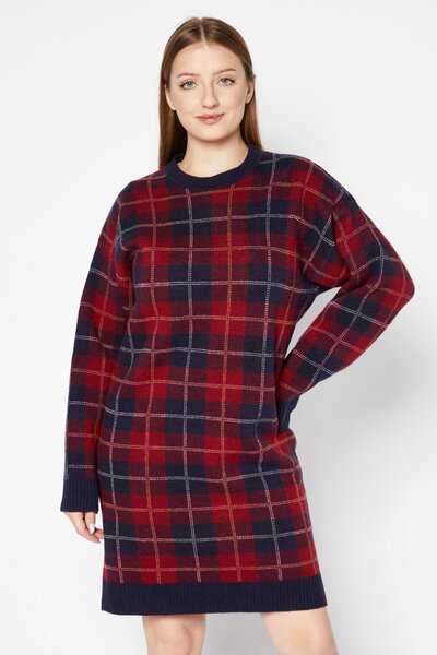 Lacoste Women Plaid Sweater Dress, Red/Navy