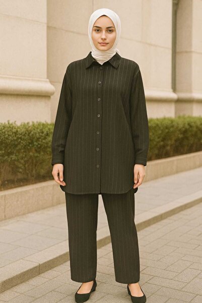 ECK MODA Women's Crepe Lycra Stretchy Striped Fabric Buttoned Elastic Waist Bottom and Top Set