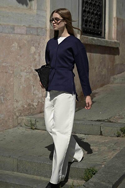 Hooopstore Naye Waist Fitted Mercerized Navy Blue Cardigan