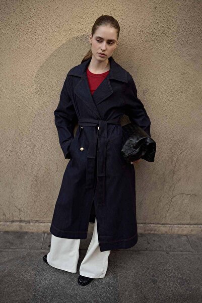 Hooopstore Andrea Gold Düğmeli Lacivert Denim Trençkot