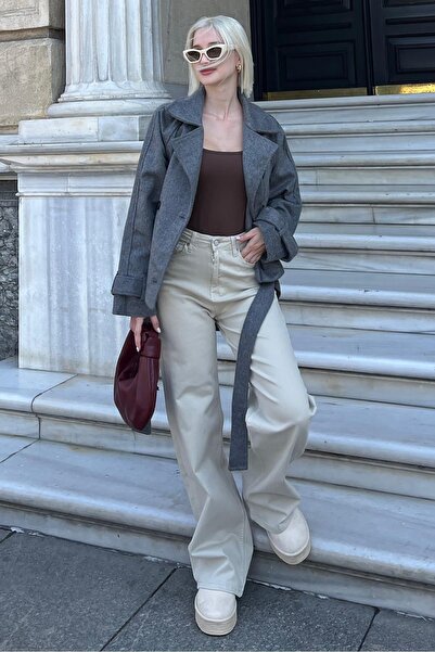 Madmext Mg2174 Model Anthracite Double Breasted Collar Short Belted Jacket