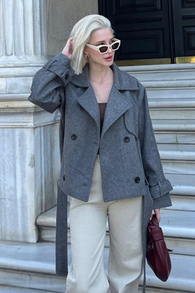 Madmext MG2174 Model Antracit Jachetă scurtă cu guler dublu