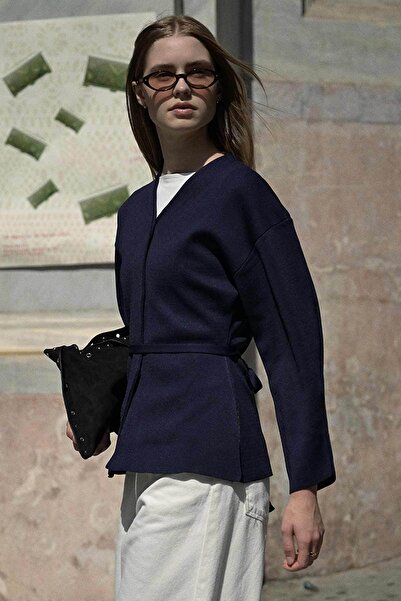 Hooopstore Naye Waist Fitted Mercerized Navy Blue Cardigan