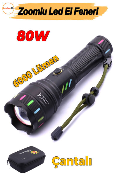 Badem10 El Feneri 6000 Lümen Uzun Menzil 80W Şarjlı Powerbank Ledli Işık Kafa...