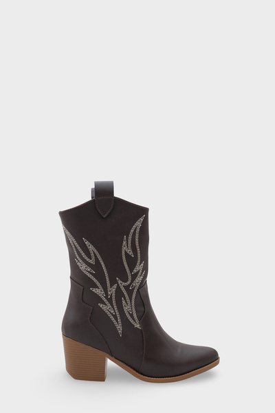 LOJO Kadın Sivri Burun Nakışlı Western Günlük Topuklu Bot Sovey Kahve