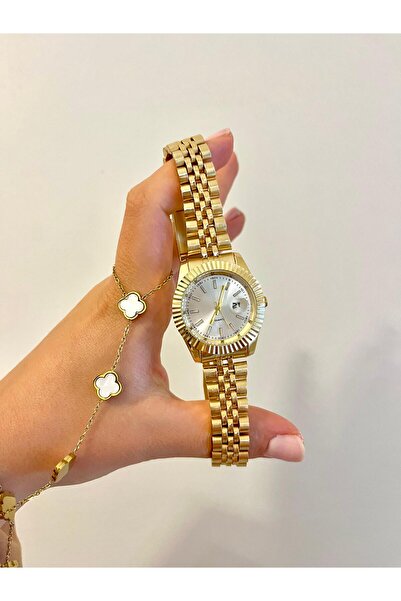 FEYSER ساعة يد نسائية فاخرة من الفولاذ الذهبي باللون الأبيض مع تقويم bb0124