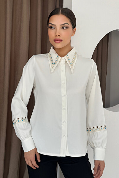 TRENDBUTİKOFFİCİAL Жіноча сорочка з вишивкою на комірі та манжетах