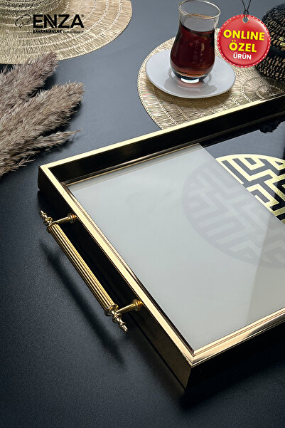 Enza Mint Gold Tepsi Cam Baskılı 48x29 CM