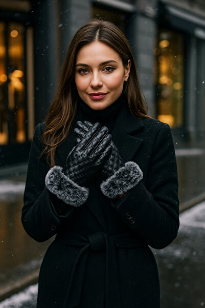 Luminos Butik قفازات نسائية مبطنة من الجلد الأسود - قفازات نسائية بتفاصيل من الفرو Eld12