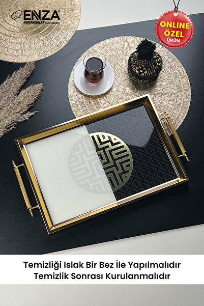 Enza Mint Gold Tepsi Cam Baskılı 48x29 CM