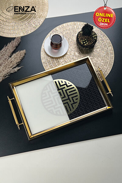 Enza Mint Gold Tepsi Cam Baskılı 48x29 CM