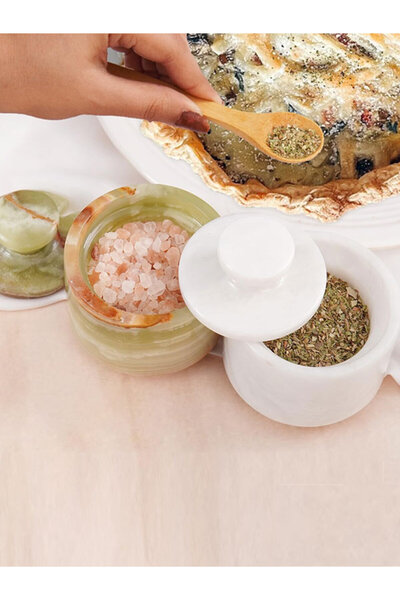 Radicaln مجموعة من علبتي ملح منقوشتين بالرخام والعقيق الأبيض والأخضر - حافظة ...