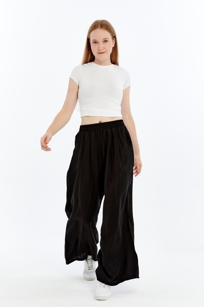 Maison La Femme بنطلون نسائي من قماش تانسيل عالي الخصر وواسع الساق