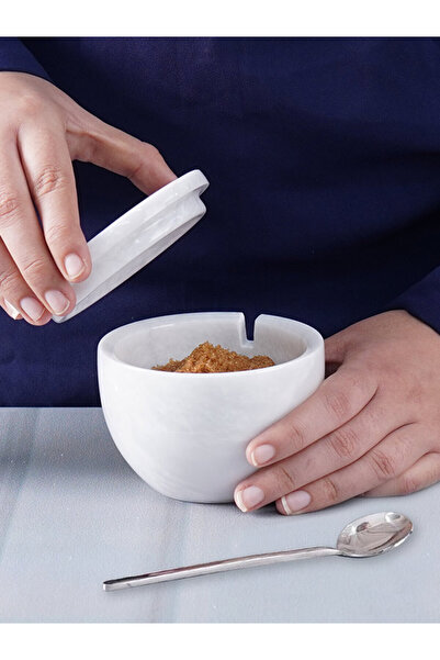 Radicaln وعاء ملح من الرخام الأبيض مع غطاء وملعقة – حامل بهارات للمطبخ