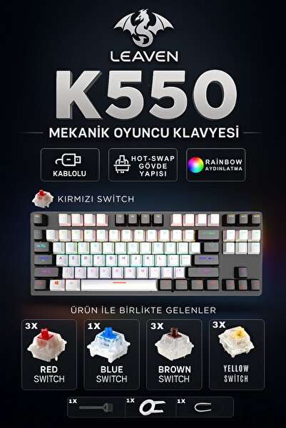 Leaven K550 Mekanik Oyuncu Klavyesi -Değiştirilebilir Switch- Rainbow RGB Aydınlatma-87 Tuş - Red Switch