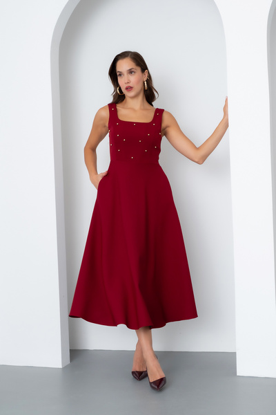 Lafaba Rochie midi cu guler pătrat Bordeaux pentru femei