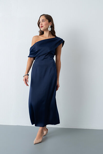 Lafaba Жіноче синє сукня з дегажним коміром з атласу