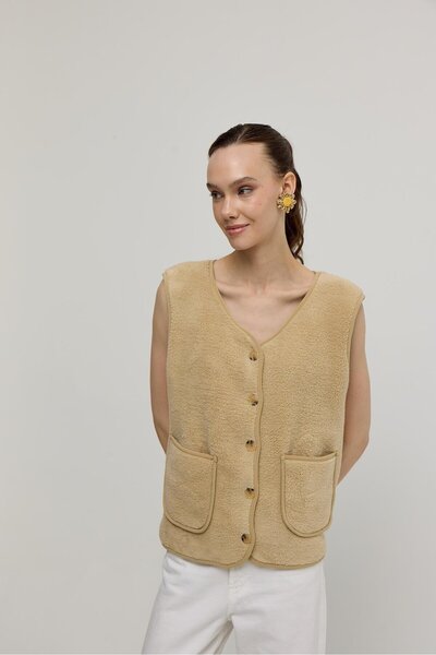 TUBİA Γυναικείο βελούδινο γιλέκο Camel Pocket Zero Sleeve με κουμπιά
