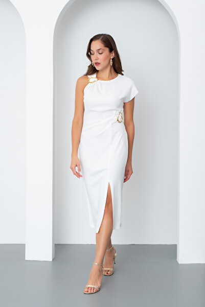 Lafaba Kadın Ekru Aksesuar Detay Midi Elbise
