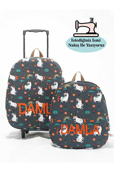 migie Kişiye Özel İsimli Çekçekli Çanta ve Sırt Çantası Anaokulu/Kreş Seti (2...