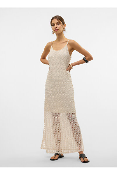 Vero Moda Geniş Yaka Krem Uzun Kadın Elbise VMDYLIE S/L V-NECK ANKLE DRESS WVN