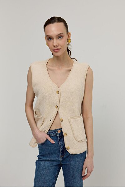 TUBİA Kadın Taş Cepli Sıfr Kol İliklenebilir Peluş Yelek