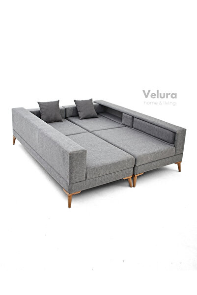 Velura Home & Living Zeri Yataklı Puzzle Modüler Köşe Koltuk Takımı & Puflu Köşe Takımı - Latte - 144