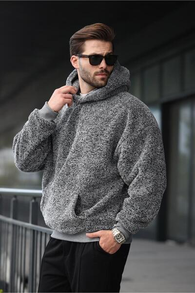 Madmext Gri Peluş Kapüşonlu Erkek Sweatshirt 6050